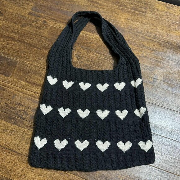 Black Cable Knit Tote Bag Purse w Cream Hearts Fall Season - Picture 1 of 8